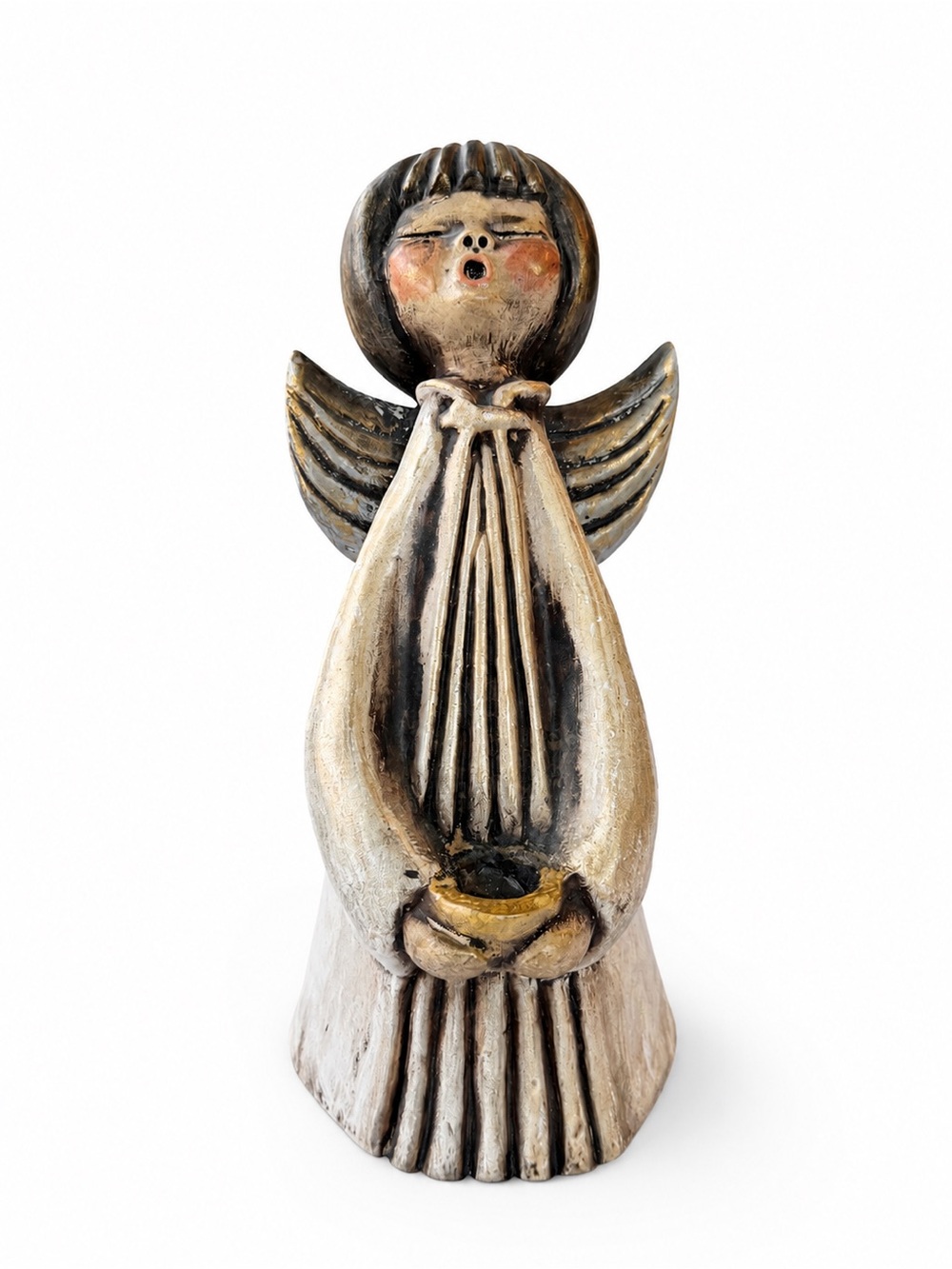 Handcrafted Ceramic Angel Figurine in Beige and Brown Candle Holder